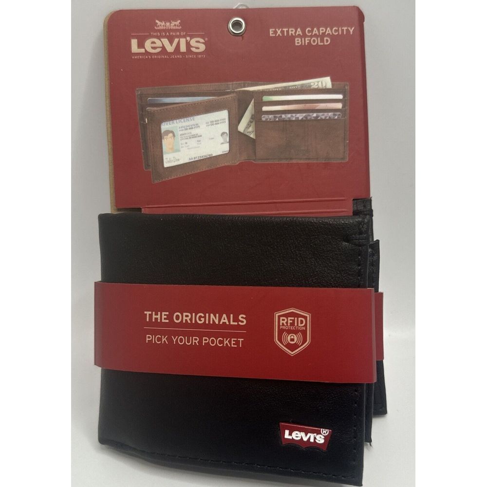 NEW Levi's Mens Leather Bifold Extra Capacity Wallet, Slots ID Window Black (2P)